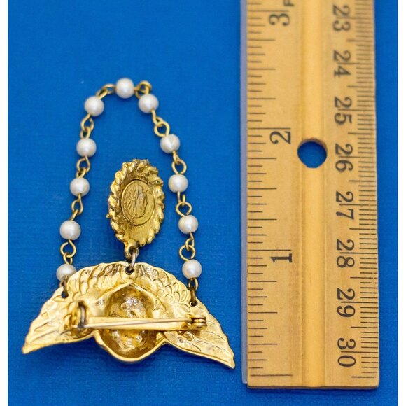 Vintage Gold Tone Faux Pearls Angel Symbol Chain Brooch - D14 - Picture 2 of 2